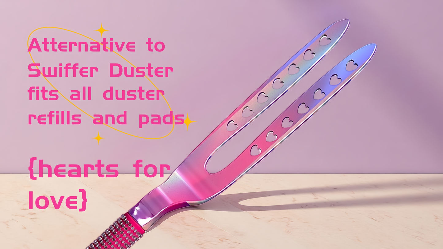 Gradient duster with heart designs on a wooden surface and pink background