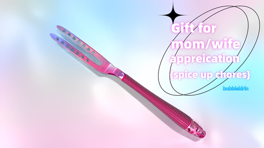 Pink duster handle with decorative handle on a gradient background, labeled for mom/wife appreciation.